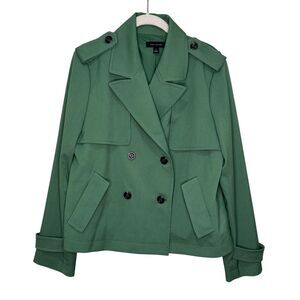 Ann Taylor Jacket Womens Medium Green Short Trench Double Breasted Epaulet Cuffs
